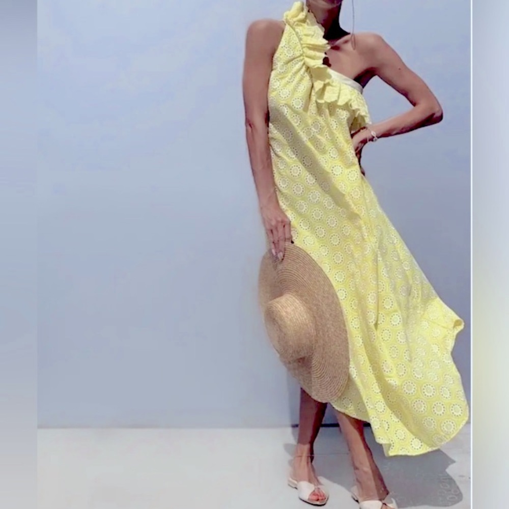 Vita Grace Yellow Eyelet Ruffle One Shoulder Midi Dress | M/L NWT Loose Elegant